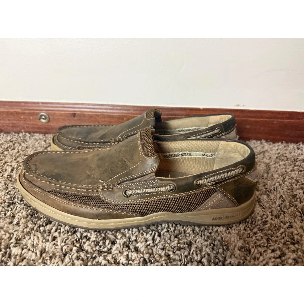 Margaritaville Mens Brown Leather Mesh Slip On Boat Shoes Loafers Anchor Sole 12